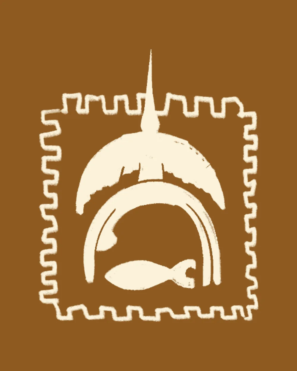 Desenho do Charm Remessa, medalha ou fivela em forma de selo postal com pássaro, pessoa em abóbada e peixe: o sinal em papel sobre campo ocre queimado.